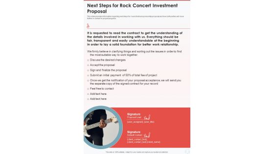 Next Steps For Rock Concert Investment Proposal One Pager Sample Example Document