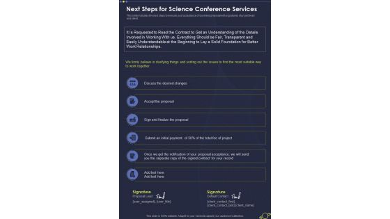 Next Steps For Science Conference Services One Pager Sample Example Document