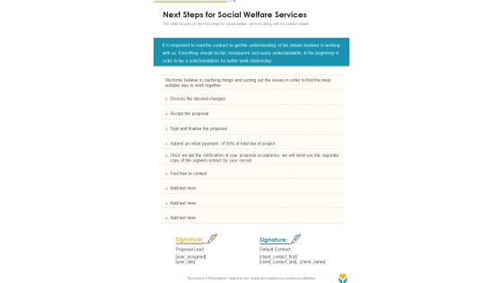 Next Steps For Social Welfare Services One Pager Sample Example Document