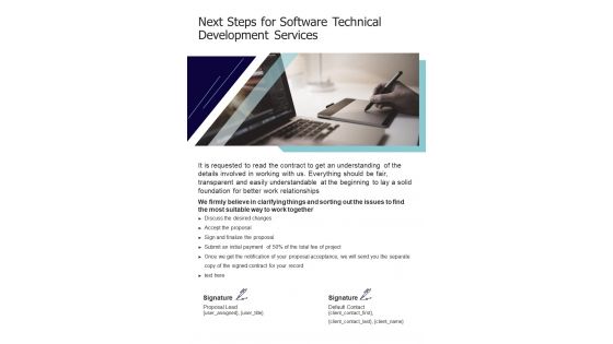 Next Steps For Software Technical Development Services One Pager Sample Example Document