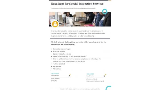 Next Steps For Special Inspection Services One Pager Sample Example Document
