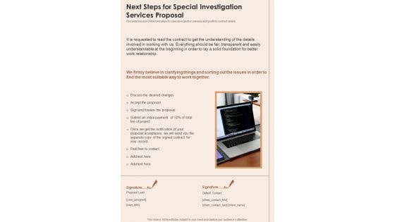 Next Steps For Special Investigation Services Proposal One Pager Sample Example Document