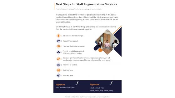 Next Steps For Staff Augmentation Services One Pager Sample Example Document
