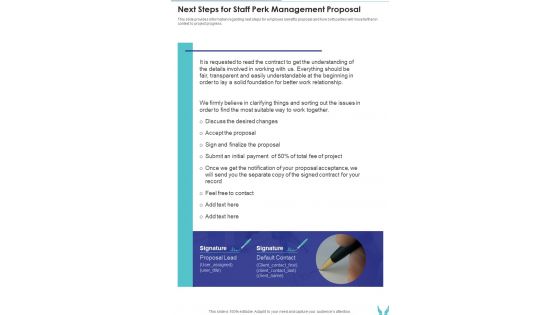 Next Steps For Staff Perk Management Proposal One Pager Sample Example Document