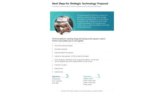 Next Steps For Strategic Technology Proposal One Pager Sample Example Document