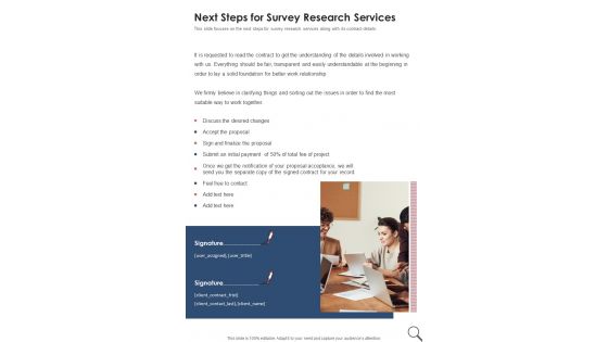 Next Steps For Survey Research Services One Pager Sample Example Document
