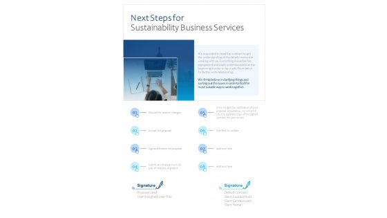Next Steps For Sustainability Business Services One Pager Sample Example Document
