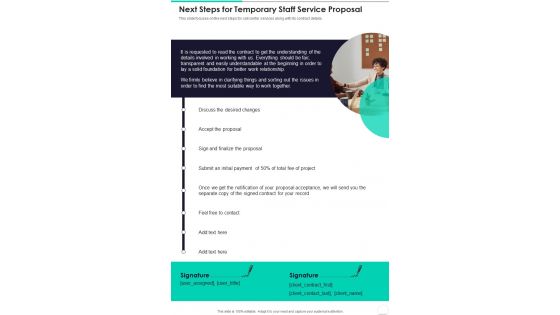 Next Steps For Temporary Staff Service Proposal One Pager Sample Example Document