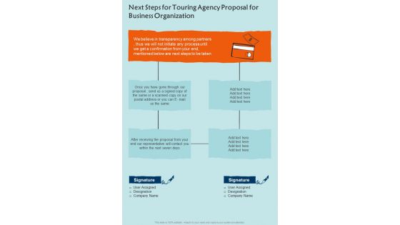 Next Steps For Touring Agency Proposal For Business Organization One Pager Sample Example Document