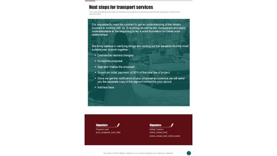 Next Steps For Transport Services Business Proposal For Transport One Pager Sample Example Document