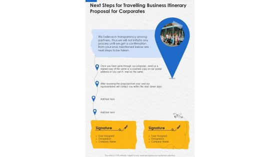 Next Steps For Travelling Business Itinerary Proposal For Corporates One Pager Sample Example Document