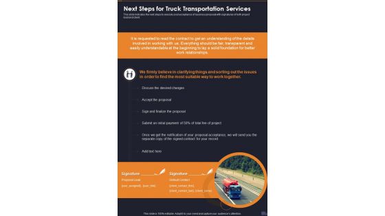 Next Steps For Truck Transportation Services One Pager Sample Example Document