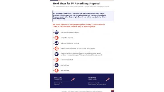 Next Steps For TV Advertising Proposal One Pager Sample Example Document