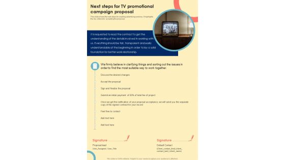 Next Steps For TV Promotional Campaign Proposal One Pager Sample Example Document