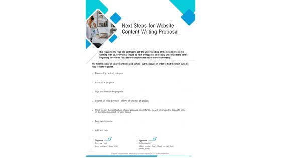 Next Steps For Website Content Writing Proposal One Pager Sample Example Document