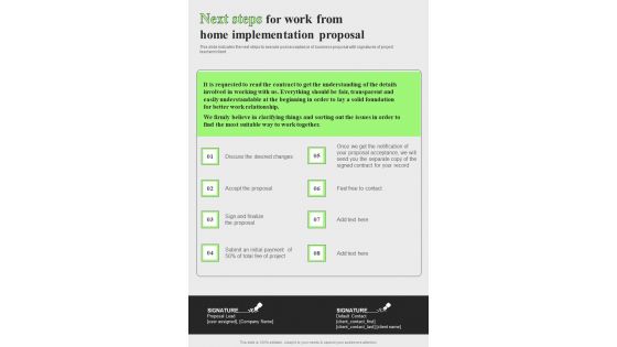 Next Steps For Work From Home Implementation One Pager Sample Example Document