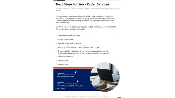 Next Steps For Work Order Services One Pager Sample Example Document