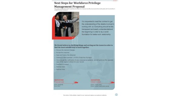 Next Steps For Workforce Privilege Management Proposal One Pager Sample Example Document