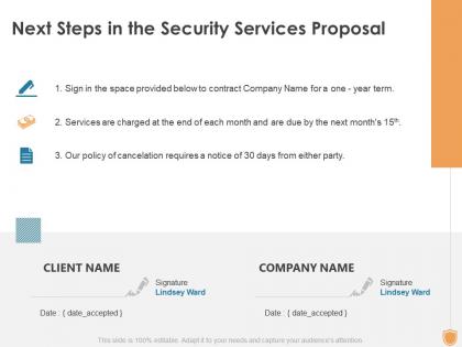 Next steps in the security services proposal ppt powerpoint presentation design templates