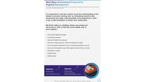 Next Steps Of Investment Proposal For Property Development One Pager Sample Example Document