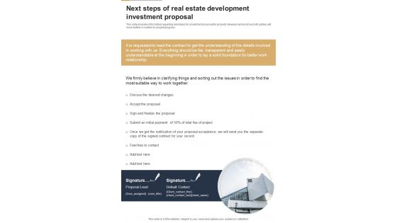 Next Steps Of Real Estate Development Investment Proposal One Pager Sample Example Document