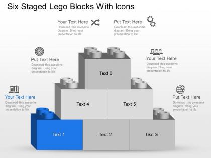 Nf six staged lego blocks with icons powerpoint template slide