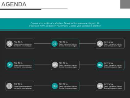 Nine staged business agenda diagram powerpoint slides