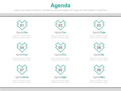 Nine staged business agenda for analysis powerpoint slides