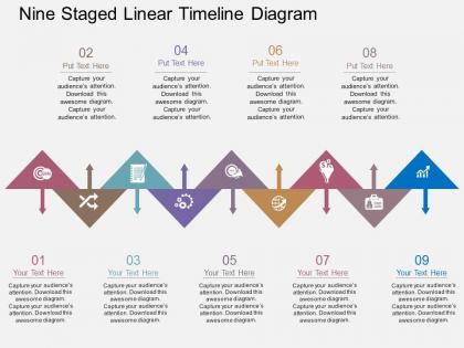 Nine staged linear timeline diagram flat powerpoint design