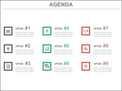 Nine staged option tags for business agenda powerpoint slide