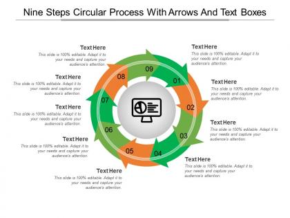 Nine steps circular process with arrows and text boxes