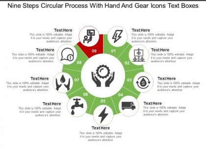 Nine steps circular process with hand and gear icons text boxes