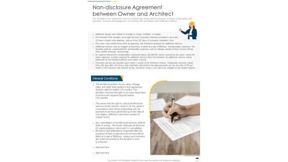 Non Disclosure Agreement Between Owner And Architect One Pager Sample Example Document