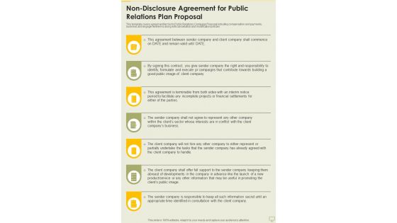 Non Disclosure Agreement For Public Relations Plan Proposal One Pager Sample Example Document
