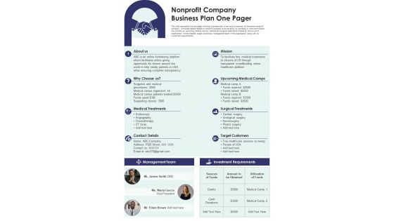 Nonprofit Company Business Plan One Pager Presentation Report Infographic PPT PDF Document