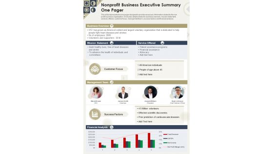 Nonprofit Executive Summary One Pager Presentation Report Infographic PPT PDF Document