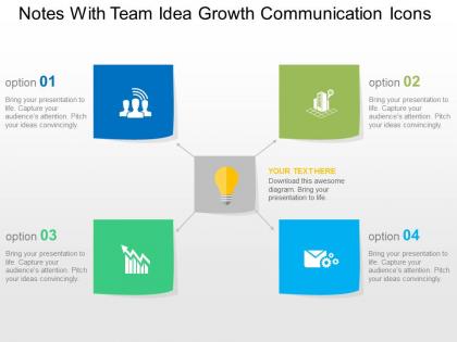 Notes with team idea growth communication icons flat powerpoint design