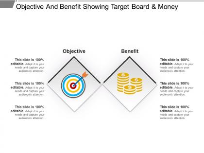 Objective and benefit showing target board and money powerpoint templates
