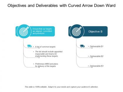 Objectives and deliverables with curved arrow down ward