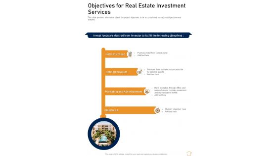 Objectives For Real Estate Investment Services One Pager Sample Example Document