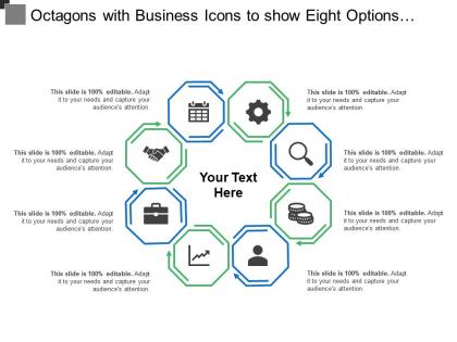 Octagons with business icons to show eight options parts steps or processes