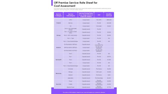 Off Premise Service Rate Sheet For Cost Assessment One Pager Sample Example Document