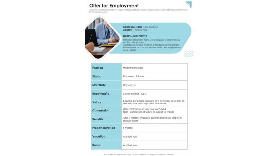 Offer For Employment Proposal For Marketing Job One Pager Sample Example Document