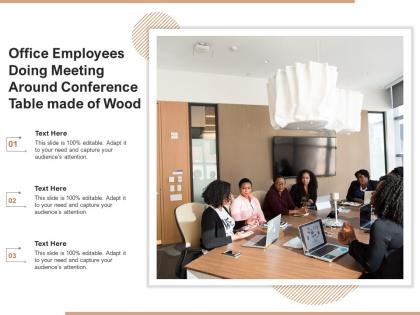 Office employees doing meeting around conference table made of wood