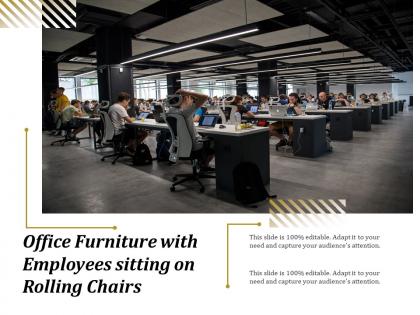 Office furniture with employees sitting on rolling chairs