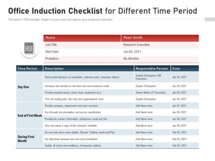Office induction checklist for different time period
