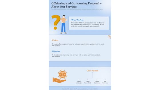 Offshoring And Outsourcing Proposal About Our Services One Pager Sample Example Document