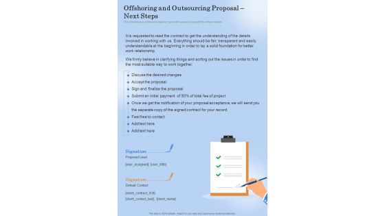 Offshoring And Outsourcing Proposal Next Steps One Pager Sample Example Document