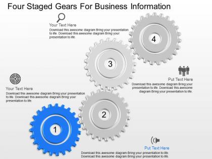 Om four staged gears for business information powerpoint template slide
