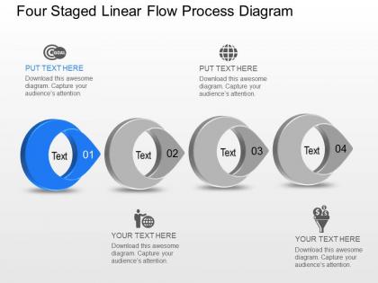 On four staged linear flow process diagram powerpoint template slide